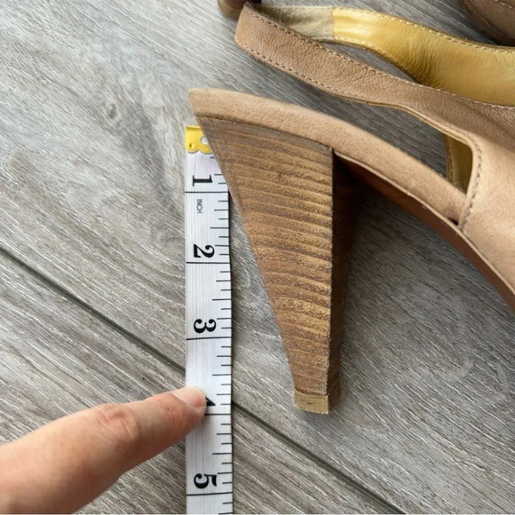 J Crew Peep Toe Lace Up  Tan Leather Slingback Wooden Heel Pumps - Picture 13 of 13